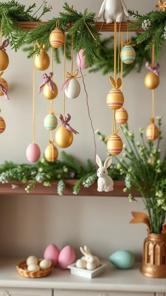 A beautifully decorated Easter mantle with hanging eggs and a bunny ornament.