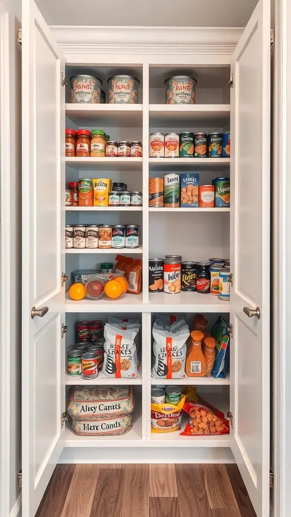 27+ Creative Corner Kitchen Pantry Ideas to Maximize Your Space 5 A well-organized corner kitchen pantry with pull-out cabinets and neatly arranged food items.