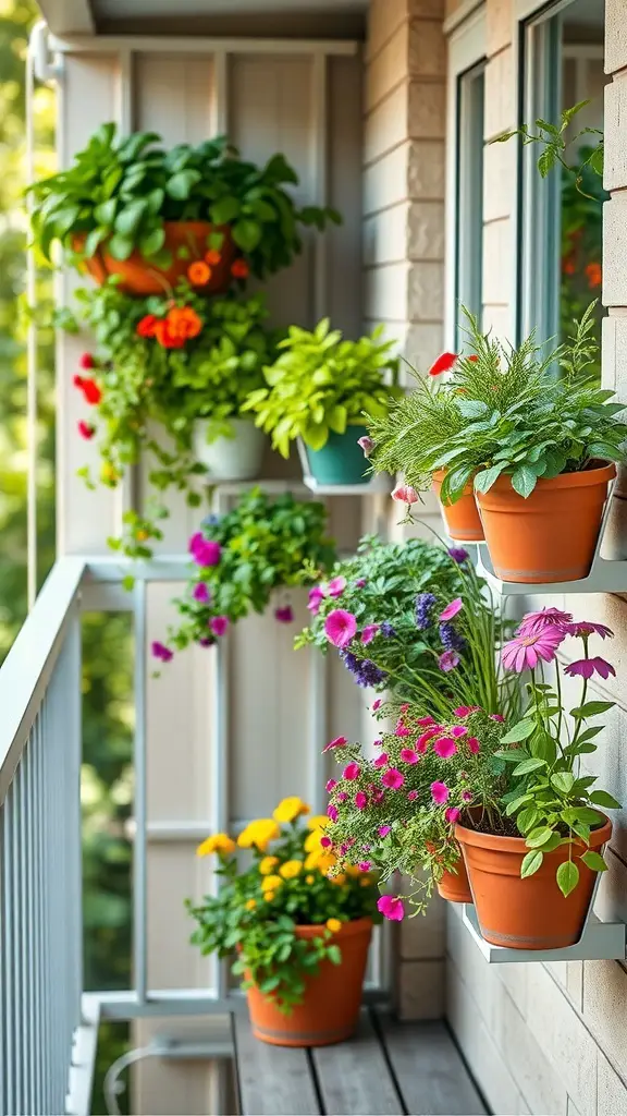 29+ Creative Balcony Storage Ideas 6 Colorful vertical planters filled with various flowers and plants on a balcony