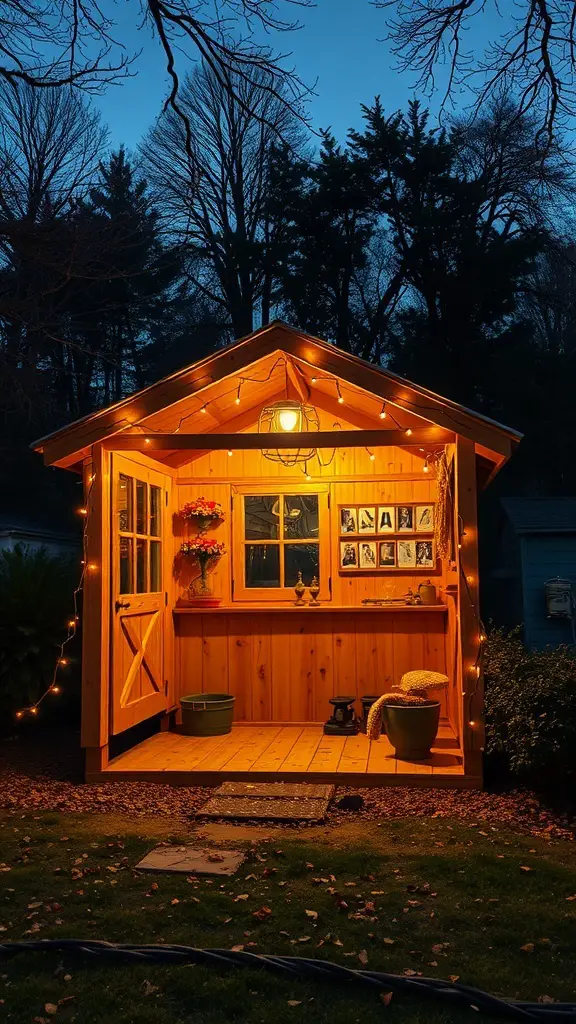 A cozy she shed illuminated with string lights at dusk, surrounded by trees.