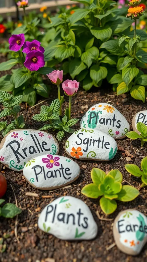Colorful painted rocks with plant names in a garden