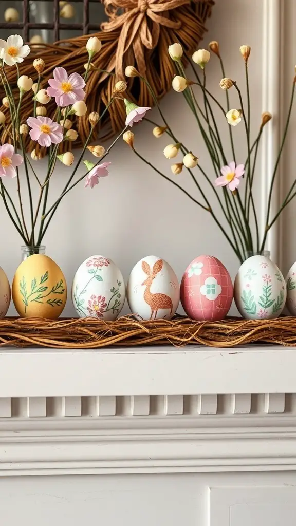 A decorative display of painted Easter eggs on a mantle, surrounded by flowers.