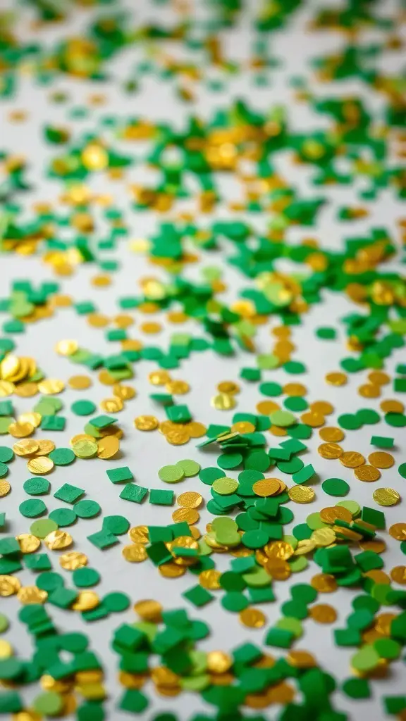 A colorful mix of green and gold confetti scattered on a white surface, perfect for St. Patrick's Day celebrations.