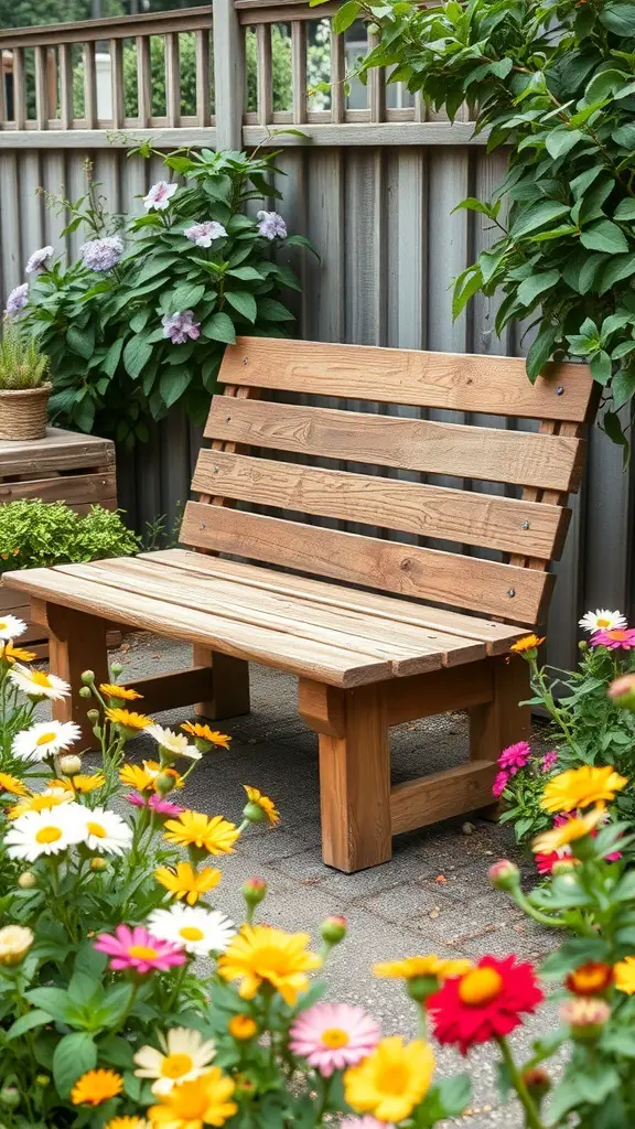 Wooden bench in a garden surrounded by colorful flowers