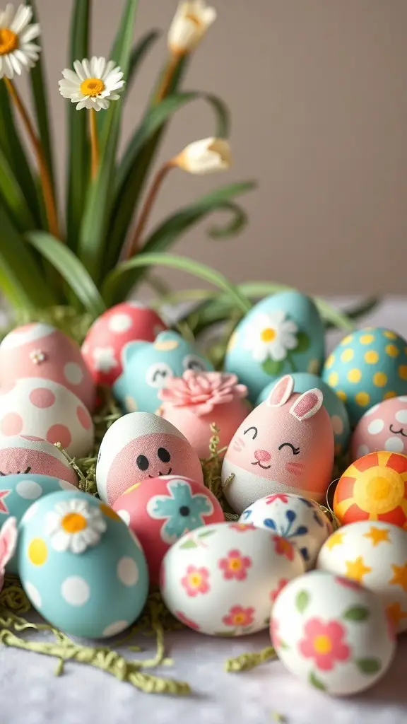 A colorful display of decorated Easter eggs surrounded by flowers.