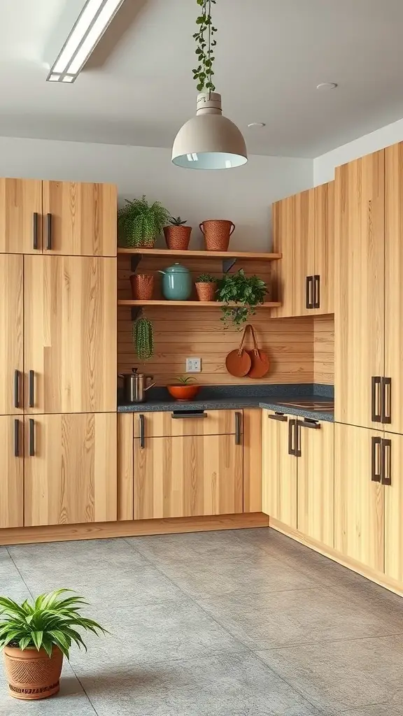 27+ Stylish Garage Cabinet Ideas for an Organized Space 16 Eco-friendly garage cabinets made from sustainable materials with plants and natural wood finish.