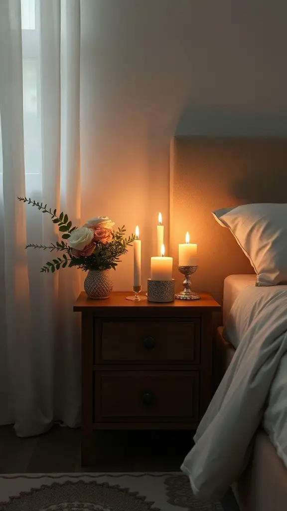 A cozy bedside table with candles and flowers creating a romantic atmosphere.