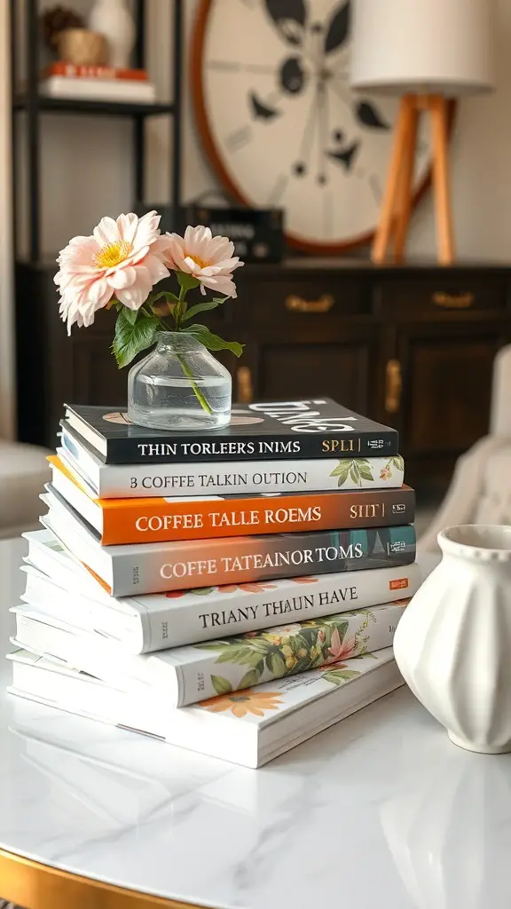 A stack of coffee table books with spring themes, topped with a small vase of flowers.