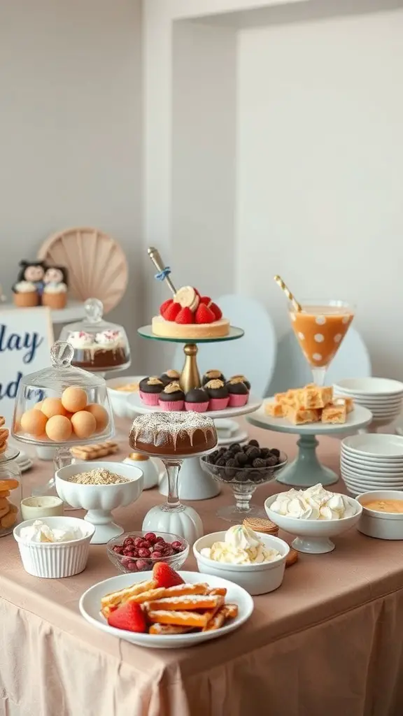 A beautifully arranged dessert station with various sweets and treats for guests to customize.