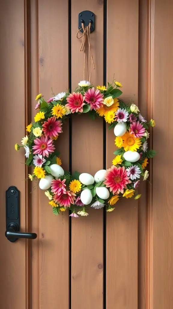 A colorful floral wreath with flowers and decorative eggs hanging on a wooden door.