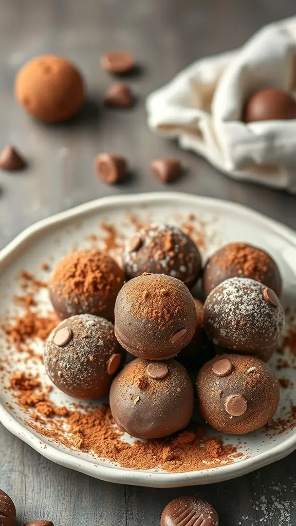 A plate of homemade chocolate truffles dusted with cocoa powder and chocolate chips.