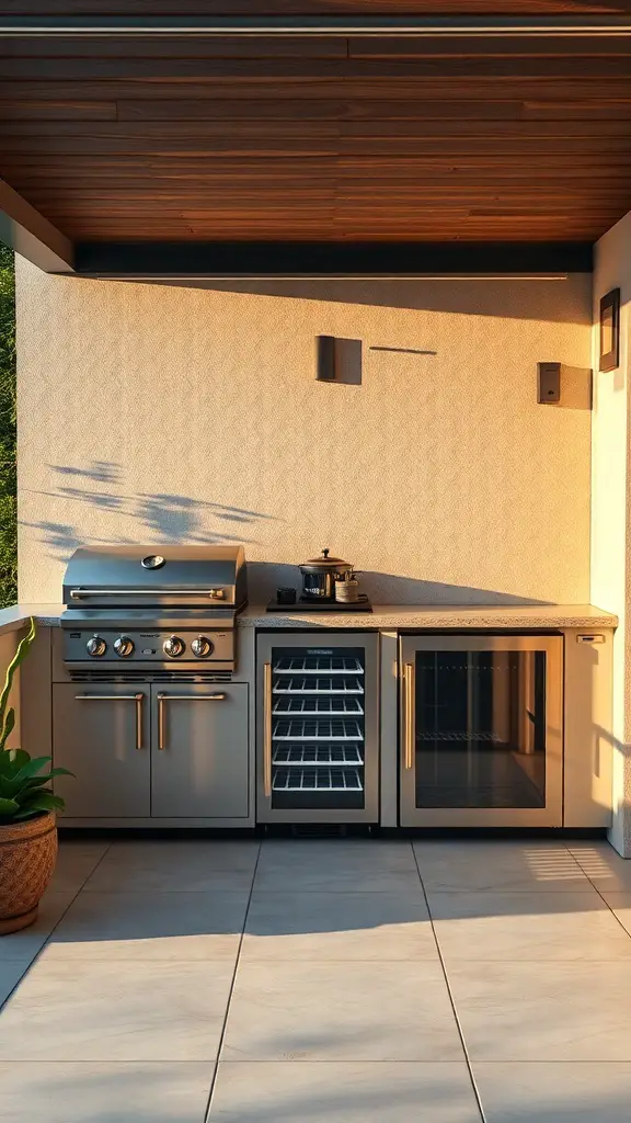 A modern outdoor kitchen featuring a stainless steel grill, wine cooler, and ample countertop space.