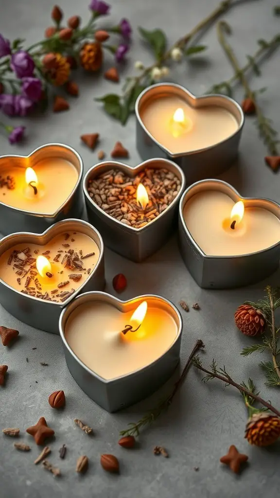 Heart-shaped scented candles with flowers and spices around them.