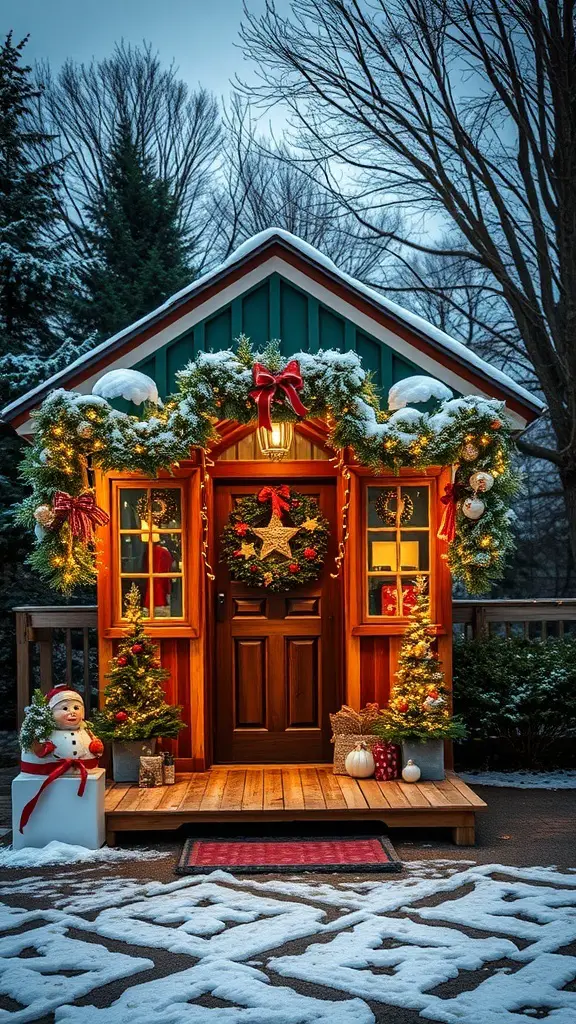 29+ Creative She Shed Ideas for Small Spaces 13 A festive she shed decorated for winter with wreaths, lights, and snow.