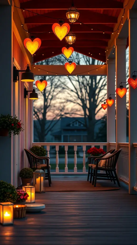 23+ Gorgeous Valentine's Day Porch Decor Ideas You’ll Love 3 A porch decorated with heart-shaped lanterns, creating a warm and inviting atmosphere for Valentine's Day.
