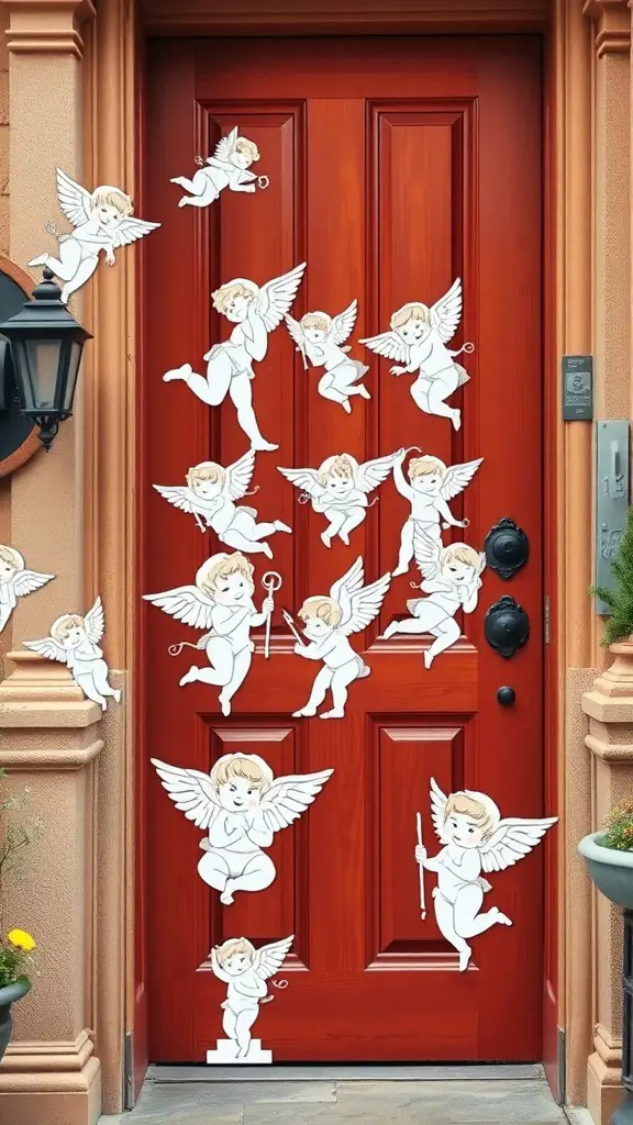 A door decorated with playful cupid cutouts for Valentine's Day.