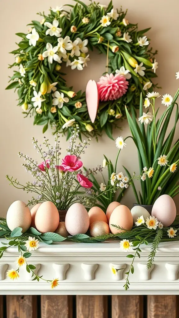 A pastel egg arrangement on a mantle with flowers and greenery.