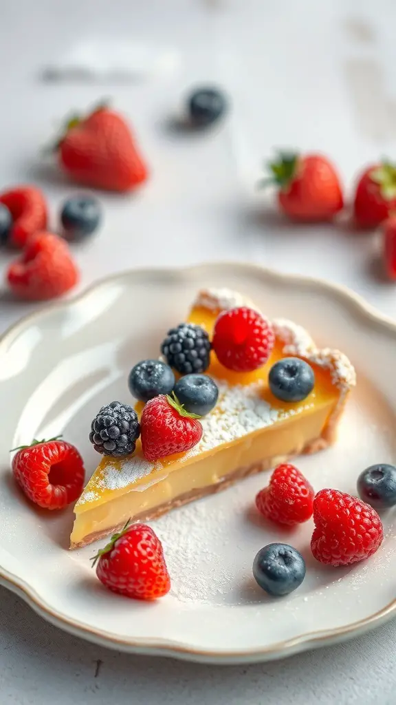 A slice of lemon tart topped with fresh berries on a decorative plate.