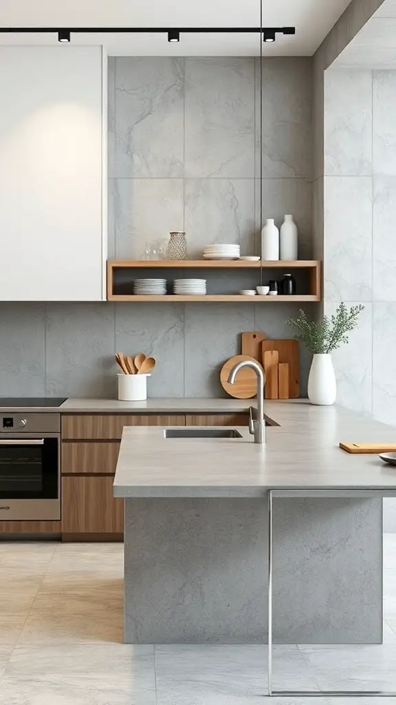 29+ Stunning Kitchen Countertop Decor Ideas 6 A modern kitchen featuring a minimalist concrete countertop with wooden cabinets and simple decor.