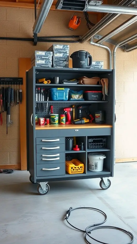 27+ Stylish Garage Cabinet Ideas for an Organized Space 12 A rolling garage cabinet with multiple drawers and shelves, showcasing tools and supplies.