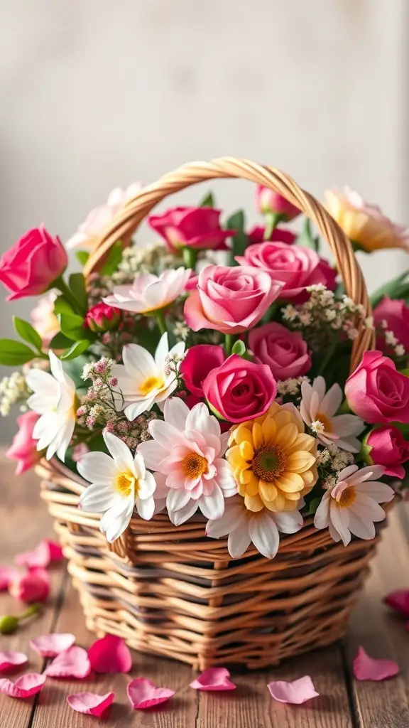 A beautiful basket filled with pink roses, daisies, and other flowers, surrounded by rose petals.