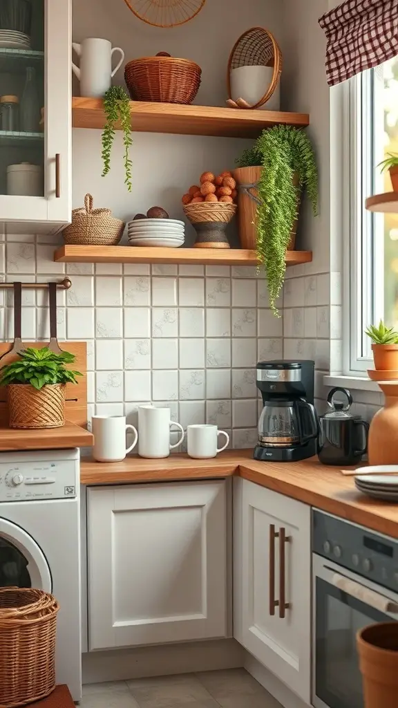 A cozy kitchen coffee station with a coffee maker, mugs, and plants.