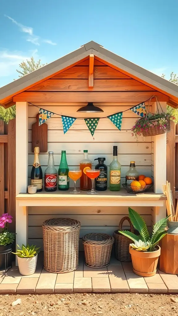 A charming beverage station with drinks, fruits, and decorative elements in a she shed.