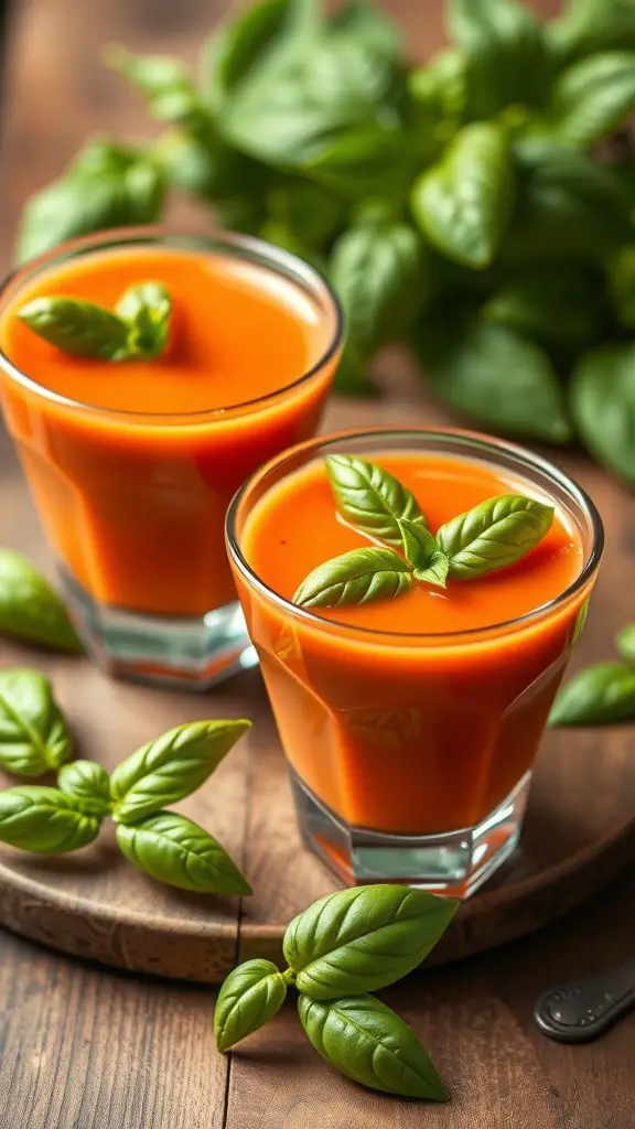Two glasses of creamy tomato basil soup with fresh basil leaves on a wooden surface.