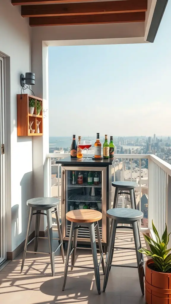 23+ Stylish Mini Balcony Ideas 13 A stylish mini balcony bar setup with stools and a view.