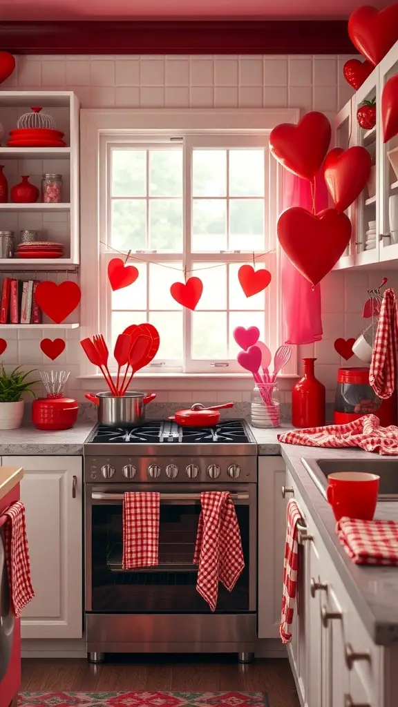 A kitchen decorated with red and pink accents for Valentine's Day, featuring heart-shaped decorations and checkered patterns.