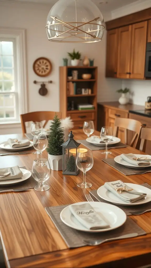 A beautifully set kitchen table with elegant dinnerware, glasses, and a centerpiece.