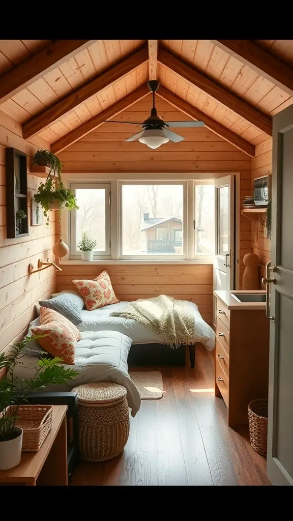 Cozy guest house interior with wooden walls, a bed, and natural light.