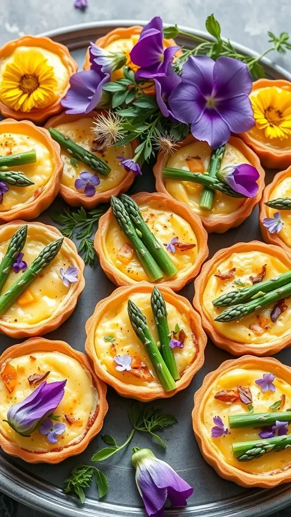 47+ Must-Try Easter Brunch Ideas for a Festive Celebration 6 A platter of mini quiches topped with asparagus and edible flowers