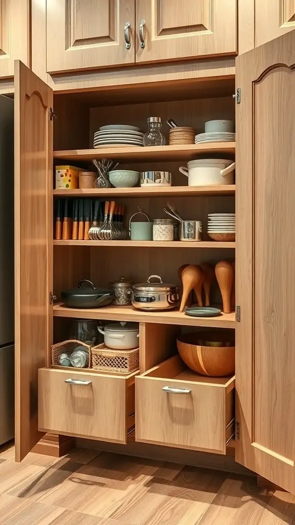 A kitchen cabinet with pull-out drawers, showcasing organized pots, pans, and utensils.