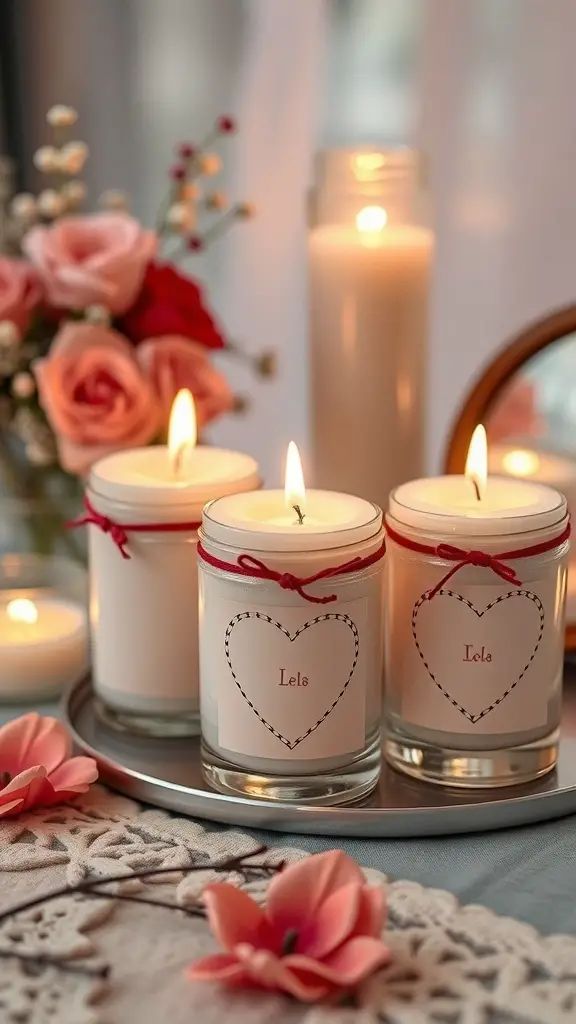 Handmade scented candles with heart designs, surrounded by flowers and soft lighting.