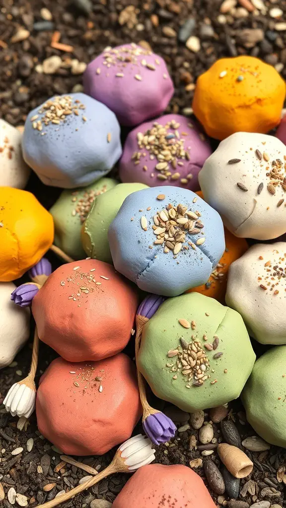 Colorful handmade seed bombs made of clay and seeds