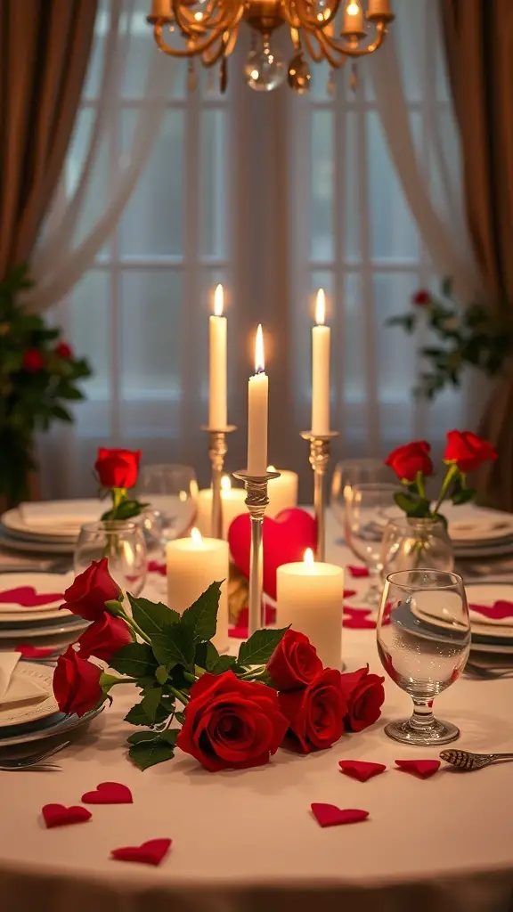 A romantic dinner table setup with candles, red roses, and heart-shaped confetti.