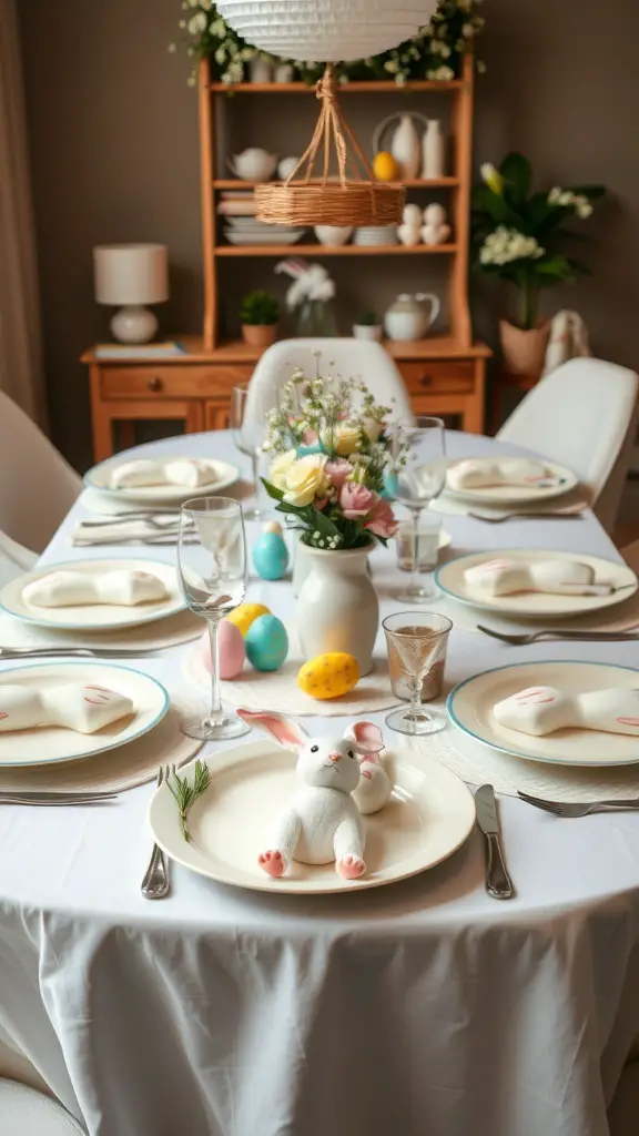 A beautifully set table with bunny-themed decorations for Easter, featuring bunny-shaped plates, pastel colors, and a floral centerpiece.