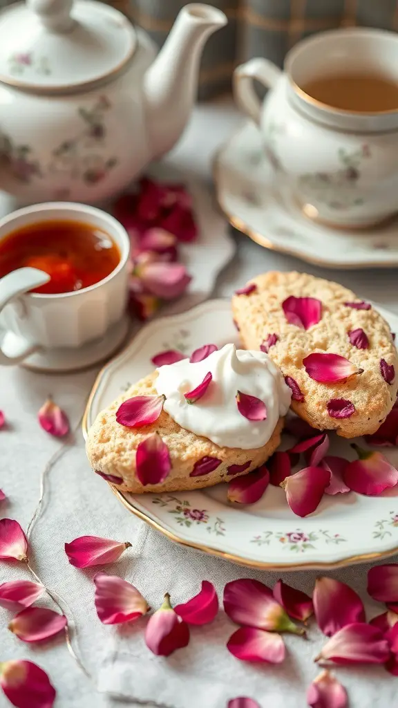 A plate of rose petal scones with clotted cream, surrounded by rose petals and tea.
