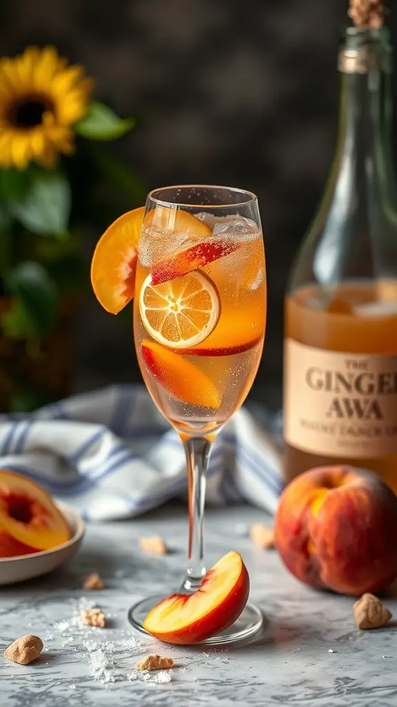 A refreshing Ginger Peach Sparkle mocktail in a glass, garnished with peach and lemon slices, with a bottle of ginger beverage in the background.