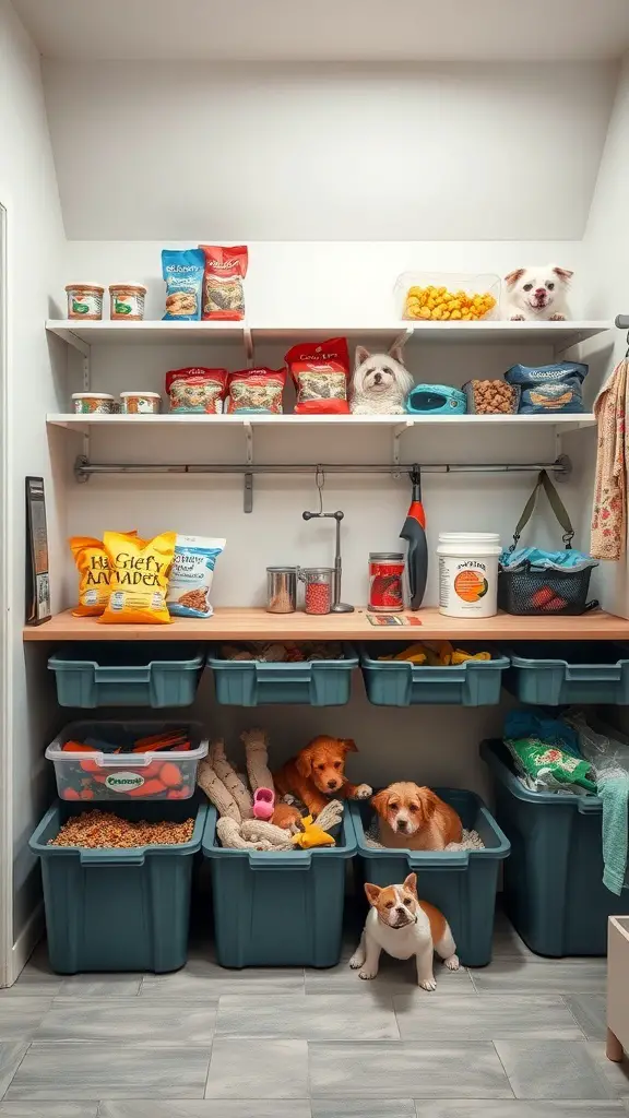 29+ Creative Bin Organization Ideas 13 Organized pet supply area with bins for food and toys, featuring three dogs.