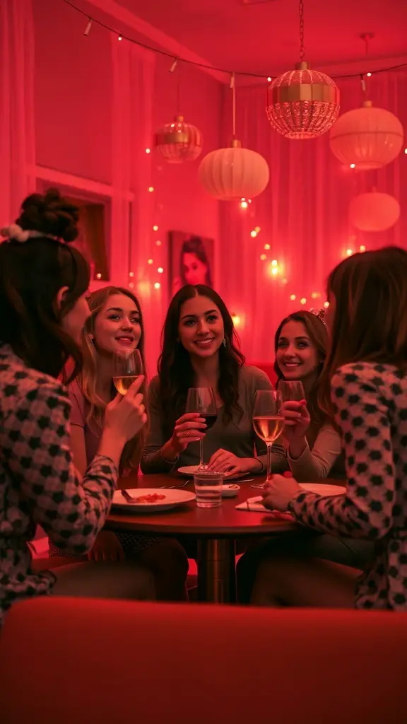 A group of friends enjoying drinks and chatting at a Galentine's party.