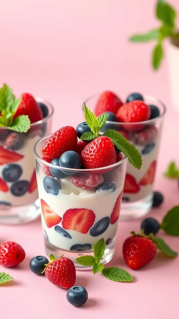 Delicious berry and yogurt parfaits in clear glasses, topped with fresh mint.