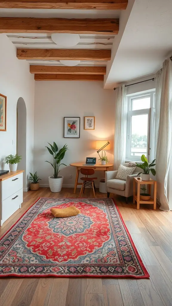 A cozy living area featuring a colorful rug, plants, and a small dining table.
