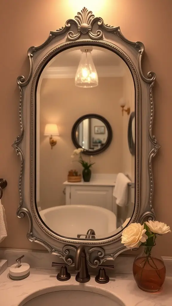 29+ Adorable Valentine Bathroom Decor Ideas for a Romantic Touch 5 A beautifully framed mirror in a bathroom, reflecting soft lighting and decorative elements.