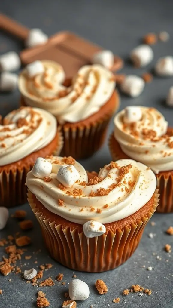 Heart shaped S'mores cupcakes with marshmallow frosting and graham cracker crumbs