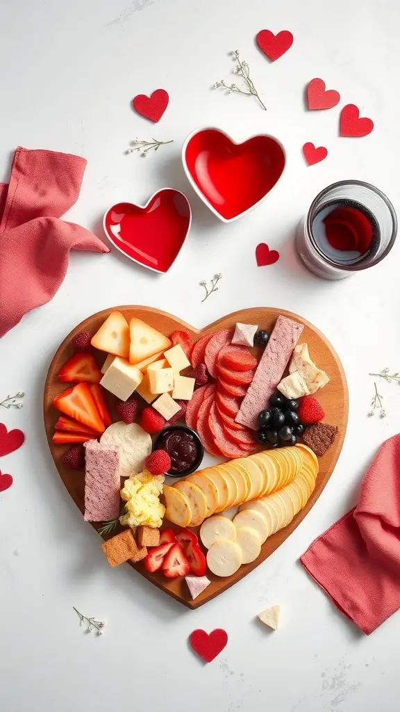 A heart-shaped charcuterie board with various cheeses, meats, fruits, and themed accessories.