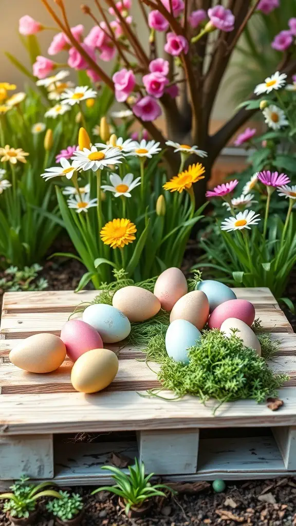 Pastel colored eggs on a wooden pallet surrounded by flowers and greenery