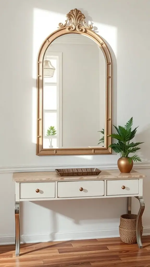 A stylish entryway table with an ornate mirror above it, featuring a plant and decorative tray.