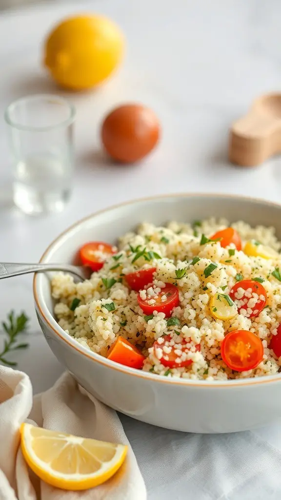 A bowl of herbed couscous with lemon zest, garnished with cherry tomatoes and fresh herbs, with a lemon and egg in the background.
